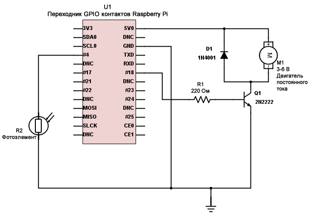 Принципиальная схема контроллера двигателя постоянного тока с функцией обнаружения объектов