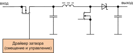 Упрощенная схема повышающего преобразователя с MOSFET транзистором с каналом p-типа между источником питания и входом повышающего преобразователя для защиты от короткого замыкания