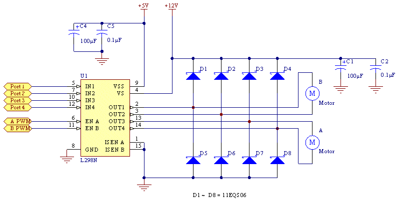 Схема включения микросхемы L298 для управления двумя электродвигателями