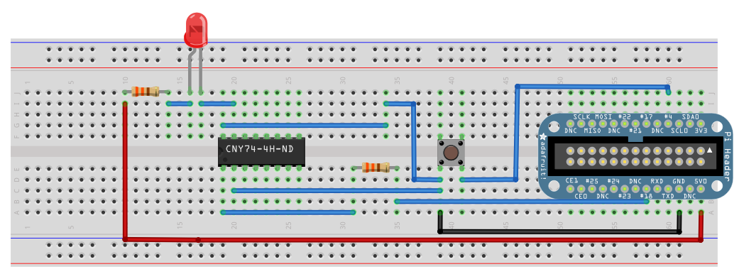 Схема соединений на беспаечной макетной плате для сборки светодиодной мигалки на RPi. Обратите внимание на размещение электронных компонентов на печатной плате, особенно оптоизолятор (CNY74-4H-ND) и переходник для RPi