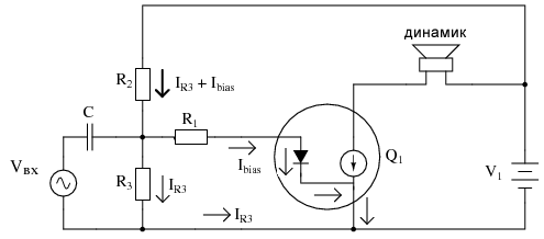 Диодная модель транзистора показывает нагрузку делителя напряжения