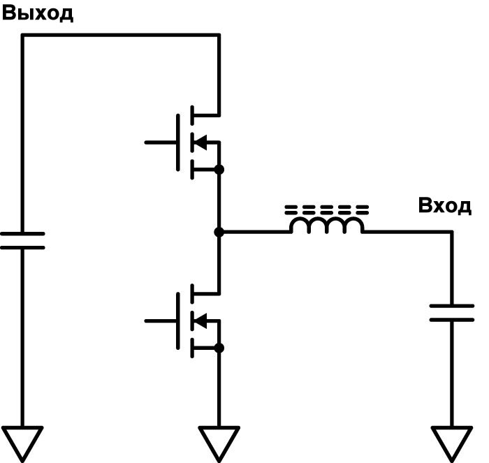 Рисунок 2 – Упрощенная схема синхронного buck-конвертера. В качестве примера контроллера синхронного buck-конвертера можно привести микросхему LM5119