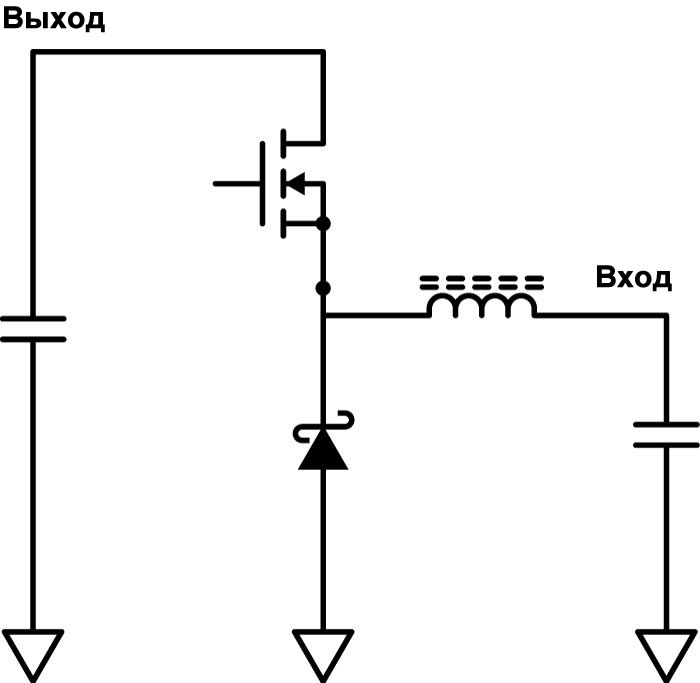 Рисунок 1 – Упрощенная схема несинхронного buck-конвертера. В качестве примера контроллера несинхронного buck-конвертера можно привести микросхему TPS5430