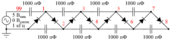 Умножитель напряжения Кокрофта-Уолтона  на 8, выход в точке v(8)