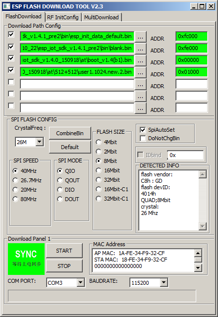 Настройка параметров прошивки ESP8266 в программе Flash Download Tool
