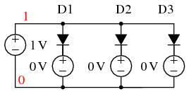 SPICE схема для сравнения модели производителя (D1), модели (D2), рассчитанной по техническому описанию, и модели по умолчанию (D3)