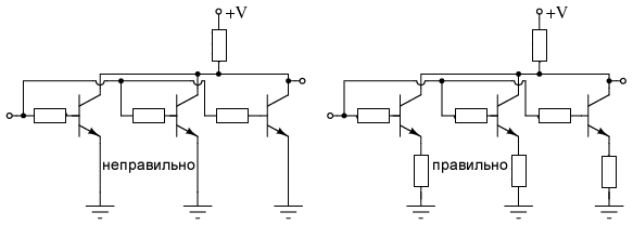 Для транзисторов, включенных параллельно для получения большего тока, требуются балластные эмиттерные резисторы