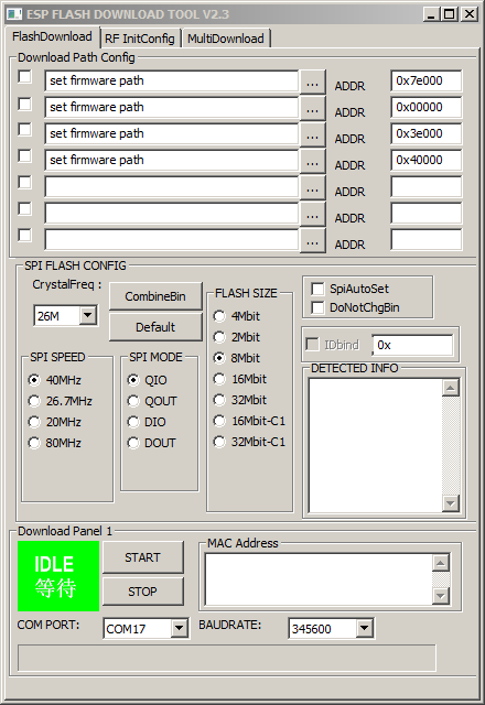Окно графического интерфейса ESP Flash Download Tool