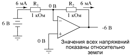 Схема усилителя с отрицательной обратной связью с делителем напряжения и подачей входного сигнала на инвертирующий вход