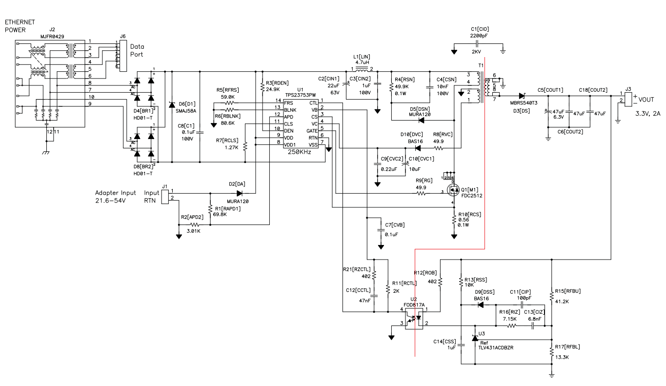 Рисунок 5 – Схема проекта PoE (Power over Ethernet, питание через Ethernet) на основе контроллера TPS23753PW