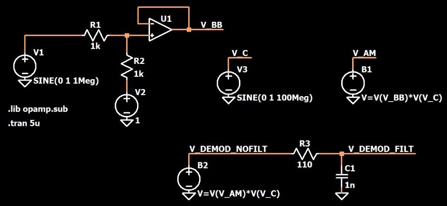 Схема умножения AM сигнала на несущую и последующим фильтром нижних частот