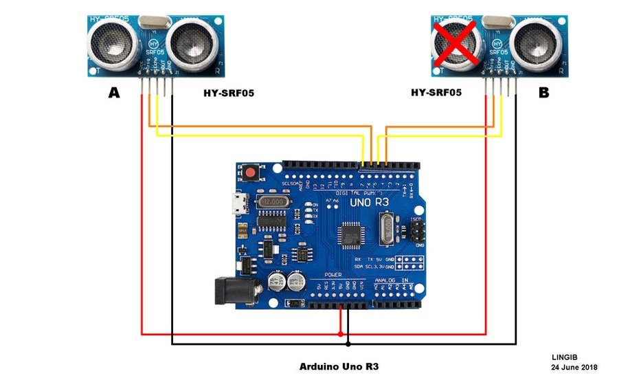 Двойной эхолокатор на Arduino. Схема соединений.