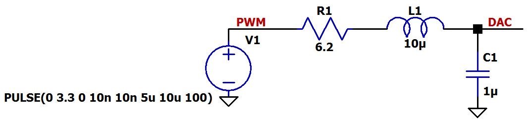 Рисунок 12 Схема моделирования в LTspice: генератор ШИМ сигнала и RLC фильтр нижних частот с частотой среза 50 кГц