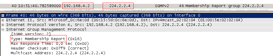 Клиент 1 отправляет IGMP Report для группы 224.2.2.4