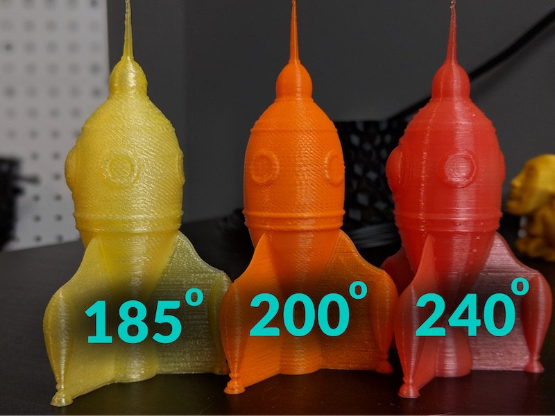 Пример разницы качества объектов печати из PLA пластика при трех разных установках температуры
