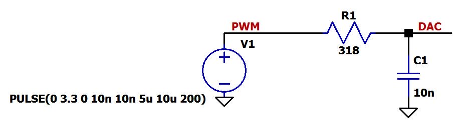 Рисунок 7 Схема моделирования в LTspice: генератор ШИМ сигнала и RC фильтр нижних частот