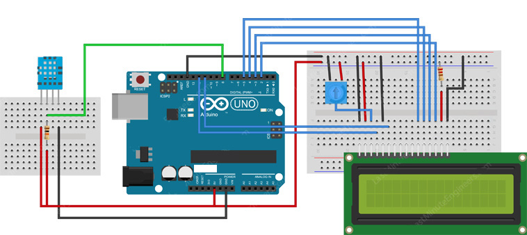 Figure 9 Connecting a 16x2 character LCD and DHT11 to Arduino
