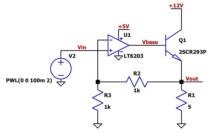 Рисунок 6 Схема для буферизации выходного тока операционного усилителя на биполярном транзисторе с регулируемым коэффициентом усиления по напряжению в LTspice