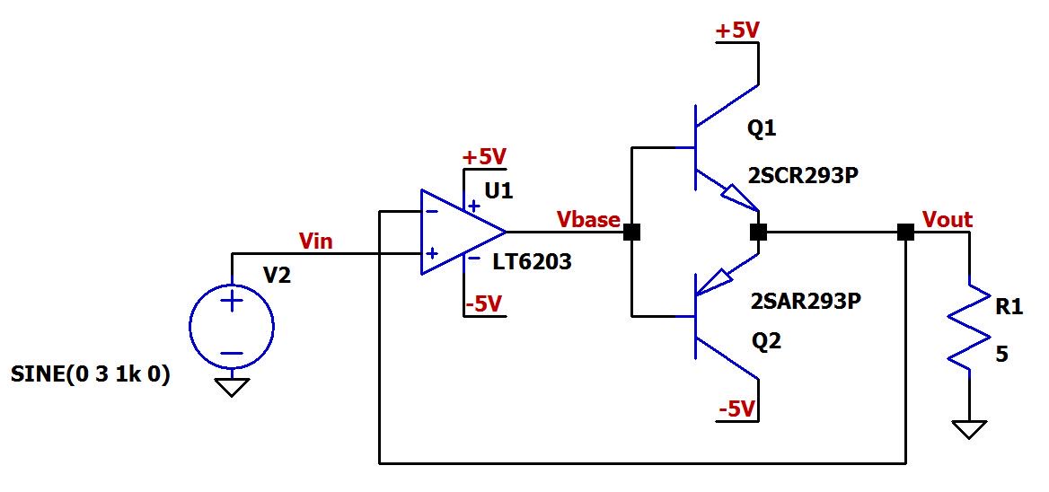Рисунок 7 Схема для буферизации выходного тока операционного усилителя на двухтактном усилителе на биполярных транзисторах в LTspice