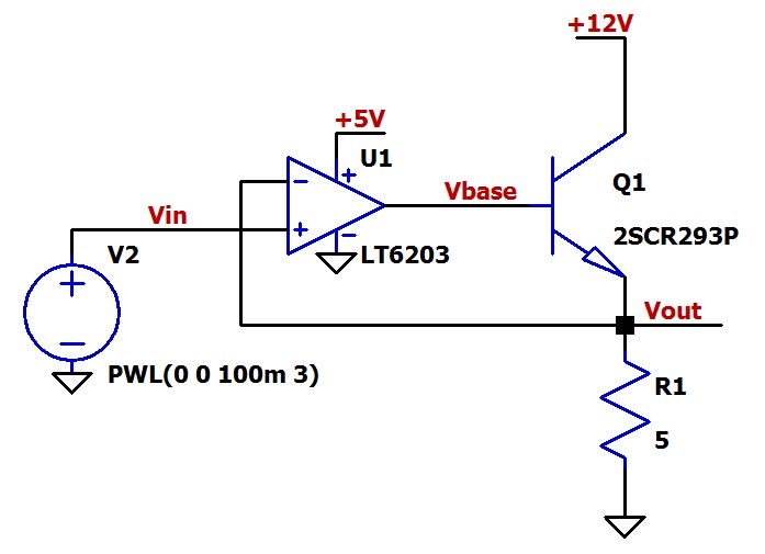 Рисунок 2 Схема для буферизации выходного тока операционного усилителя на биполярном транзисторе в LTspice