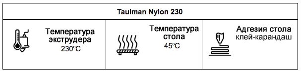 Настройки принтера для печати с филаментом Taulman Nylon 230