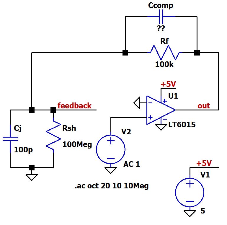 Рисунок 7 Схема моделирования трансимпедансного усилителя фотодиода в LTSpice с дополнительной емкостью компенсации