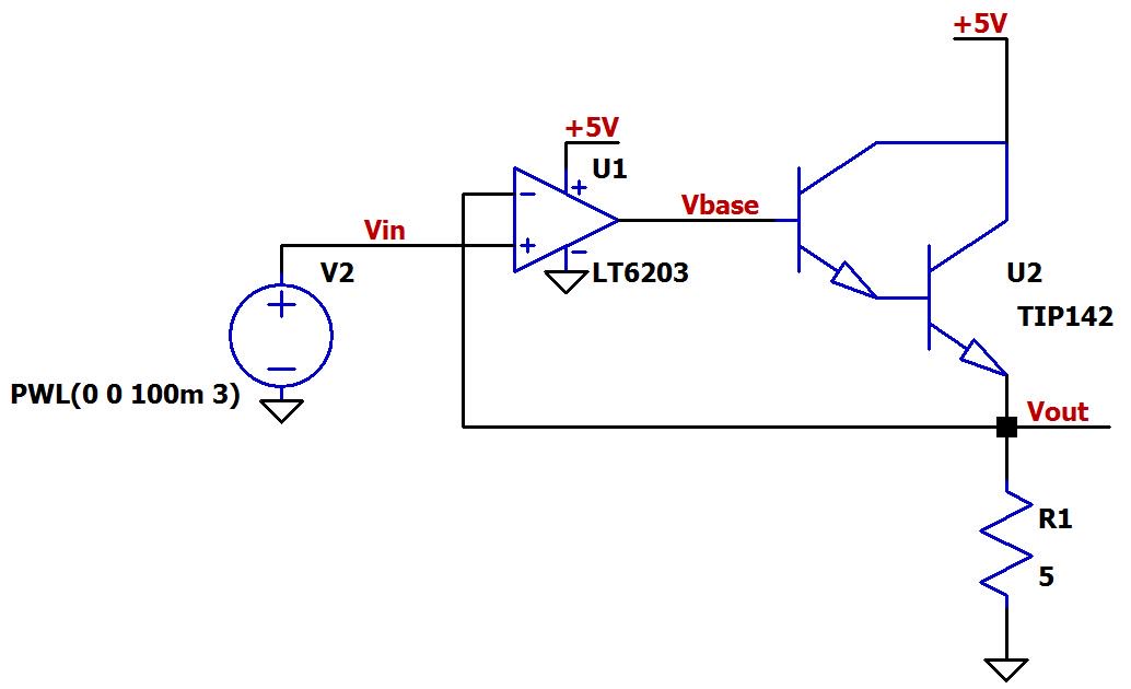 Рисунок 3 Схема для буферизации выходного тока операционного усилителя на паре Дарлингтона в LTspice