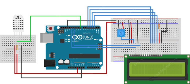 Figure 10 Connecting a 16x2 character LCD and DHT22 to Arduino