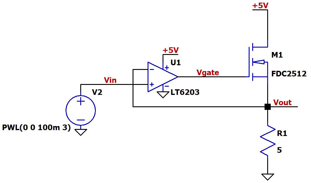 Рисунок 2 Схема для буферизации выходного тока операционного усилителя на MOSFET транзисторе. Схема в LTSpice