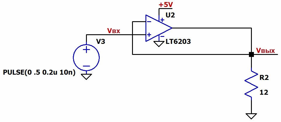 Рисунок 1 Схема для моделирования переходного процесса в LTspice без буферного транзистора или емкости нагрузки