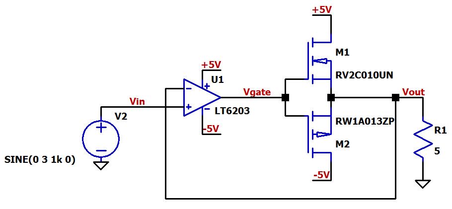 Рисунок 7 Схема для буферизации выходного тока операционного усилителя на двухтактном усилителе на MOSFET транзисторах. Схема LTspice