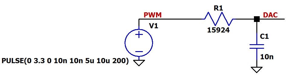 Рисунок 9 Схема моделирования в LTspice: генератор ШИМ сигнала и RC фильтр нижних частот с частотой среза 1 кГц