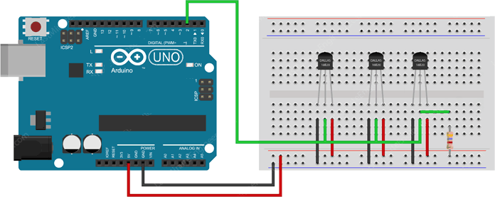 Рисунок 1 Подключение нескольких датчиков температуры DS18B20 с Arduino