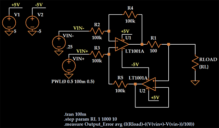 Рисунок 6 Схема моделирования в LTspice источника тока при изменении сопротивления нагрузки и использовании модели реального операционного усилителя