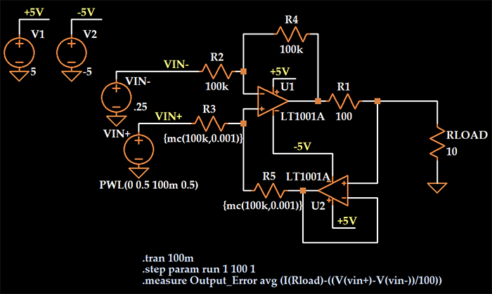 Рисунок 10 Схема моделирования в LTspice источника тока для определения влияния отклонений сопротивлений резисторов схемы (допуск резисторов уменьшен до 0,1%)