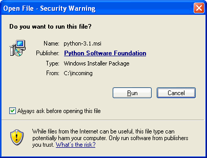 Диалоговое окно Windows: предупреждение о безопасности при открытии файла