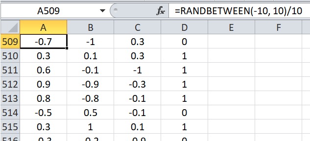 Рисунок 2 Обучающие данные в Excel в диапазоне [-1, +1]
