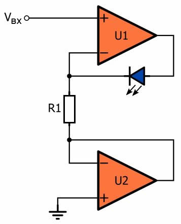 Рисунок 2 Схема преобразователя напряжения в ток на двух операционных усилителях