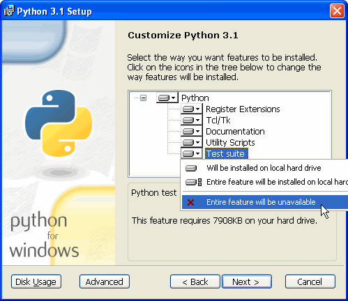Программа установки Python: отключение опции Тестовый набор экономит 7908 Кбайт на жёстком диске