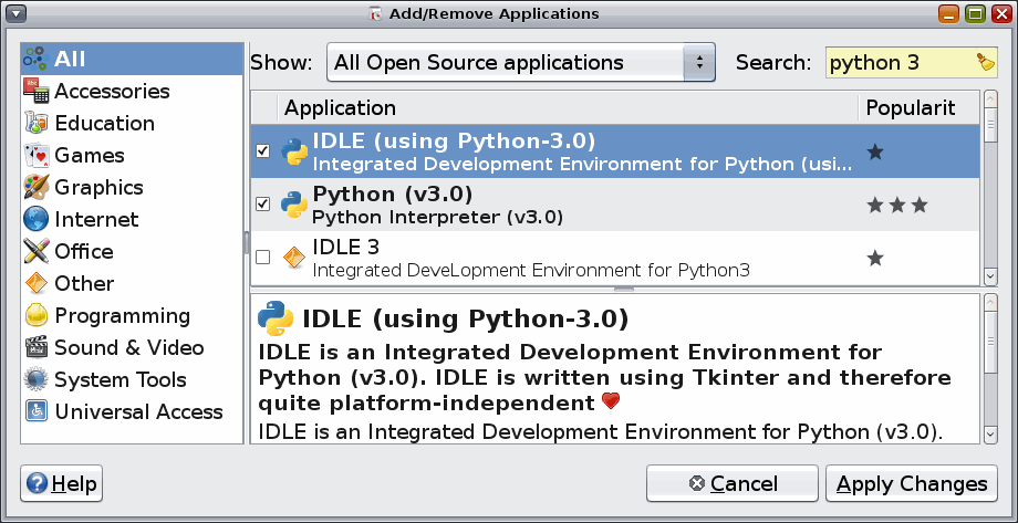 Рисунок 26 Установка/удаление: выбор пакета IDLE для Python 3.0