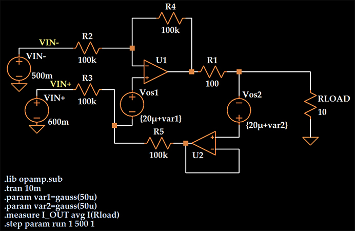 Рисунок 1 Схема LTspice для моделирования источника тока с учетом напряжений смещения операционных усилителей