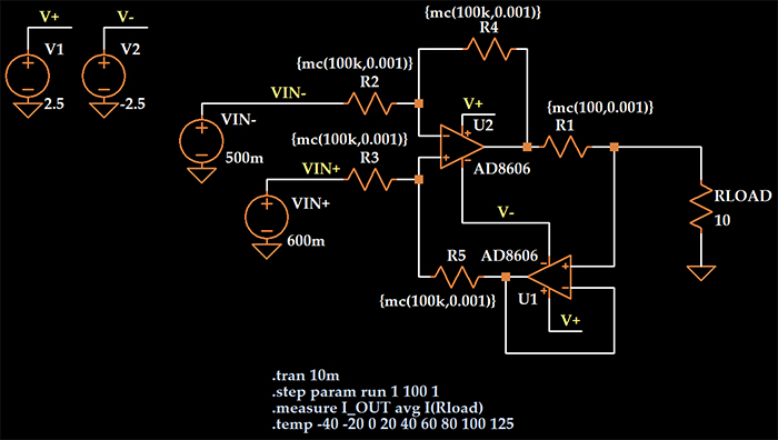 Рисунок 4 Схема моделирования в LTspice источника тока при изменениях сопротивлений резисторов внутри допусков и изменениях температуры