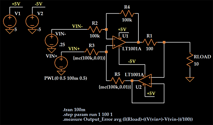 Рисунок 8 Схема моделирования в LTspice источника тока для определения влияния отклонений сопротивлений резисторов схемы