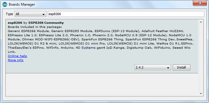 Рисунок 8 Установка ядра ESP8266 в менеджере плат Arduino IDE