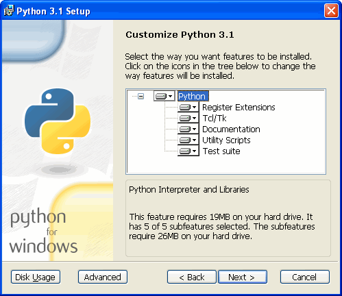 Программа установки Python: выбор компонентов Python 3.1