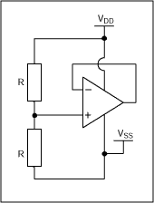 Рисунок 1 Правильно отключенный неиспользуемый операционный усилитель. Условие для диапазона входного синфазного сигнала удовлетворяется, а выходной сигнал находится в диапазоне колебаний выходного напряжения устройства.