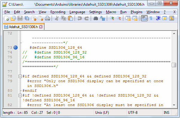 Рисунок 9 Удаление ошибки неверной высоты, изменив файл Adafruit_SSD1306.h