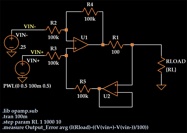 Рисунок 4 Схема моделирования в LTspice источника тока при изменении сопротивления нагрузки