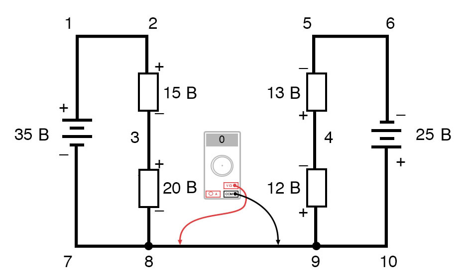 Рисунок 13 Правило напряжений Кирхгофа в сложной цепи. Напряжение между точками 8 и 9