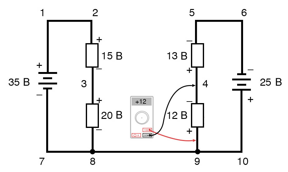 Рисунок 12 Правило напряжений Кирхгофа в сложной цепи. Напряжение между точками 9 и 4